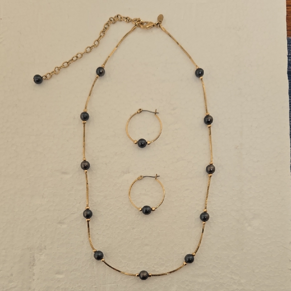 SET: MONET Gold and Blue/Black Faux Pearl Necklace & Earrings